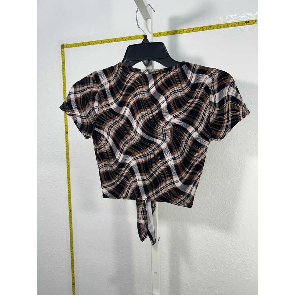 Fashion Nova Brown Plaid Tie Front Crop Top Short Sleeve V-Neck Size S